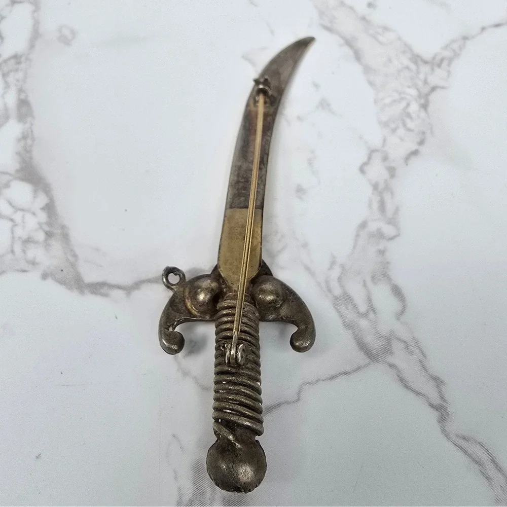 Vintage Scimitar Sword Brooch American Flag Shield Gold Silver Tone Pin 4 Inch